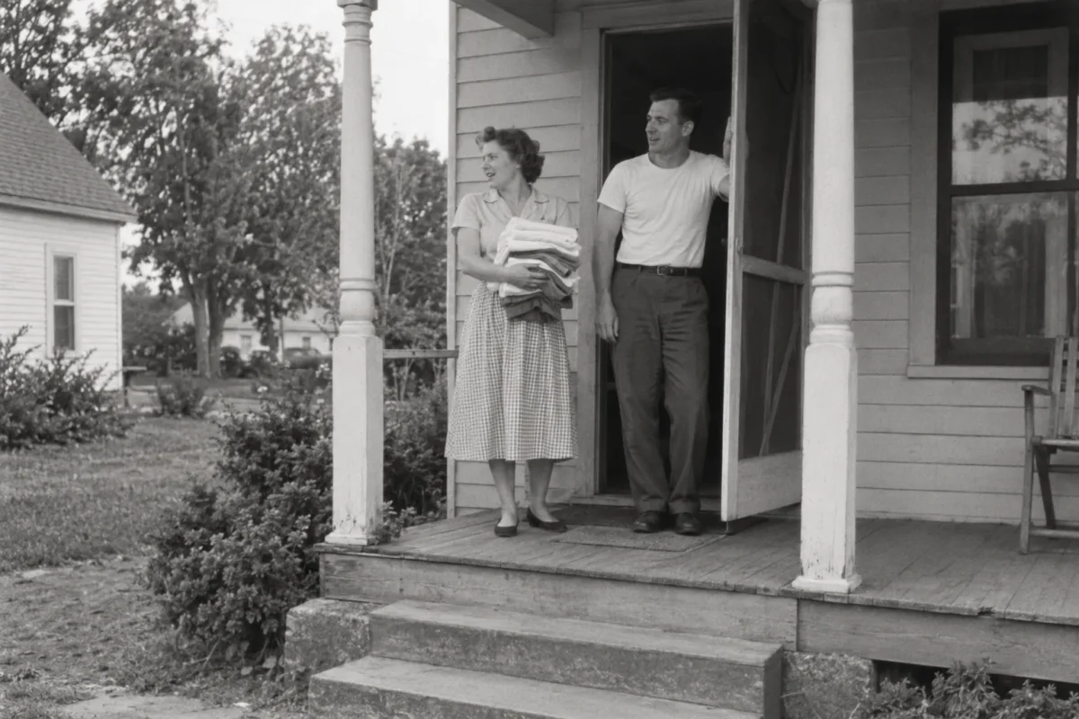 Two people on the porch steps of a new home, 1952