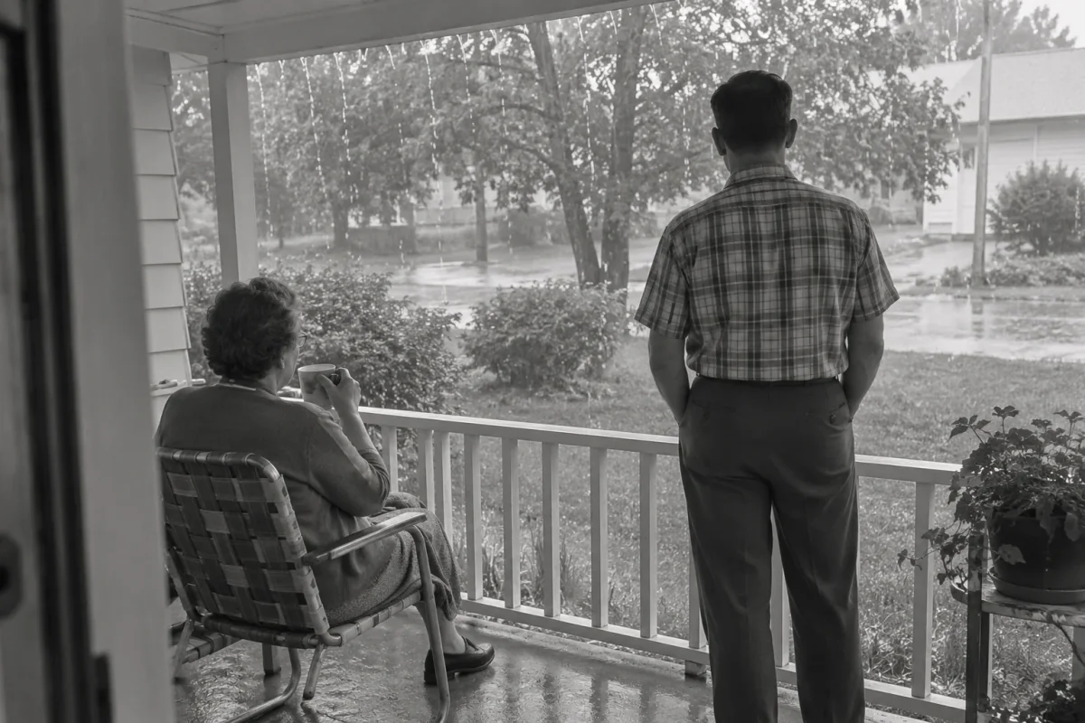 A couple on a porch watching the rain, 1960