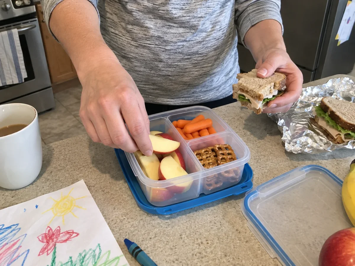 Hands packing a lunchbox at a kitchen counter