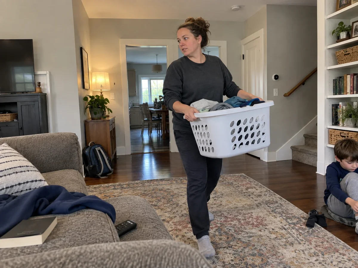 A parent carrying laundry through a family home