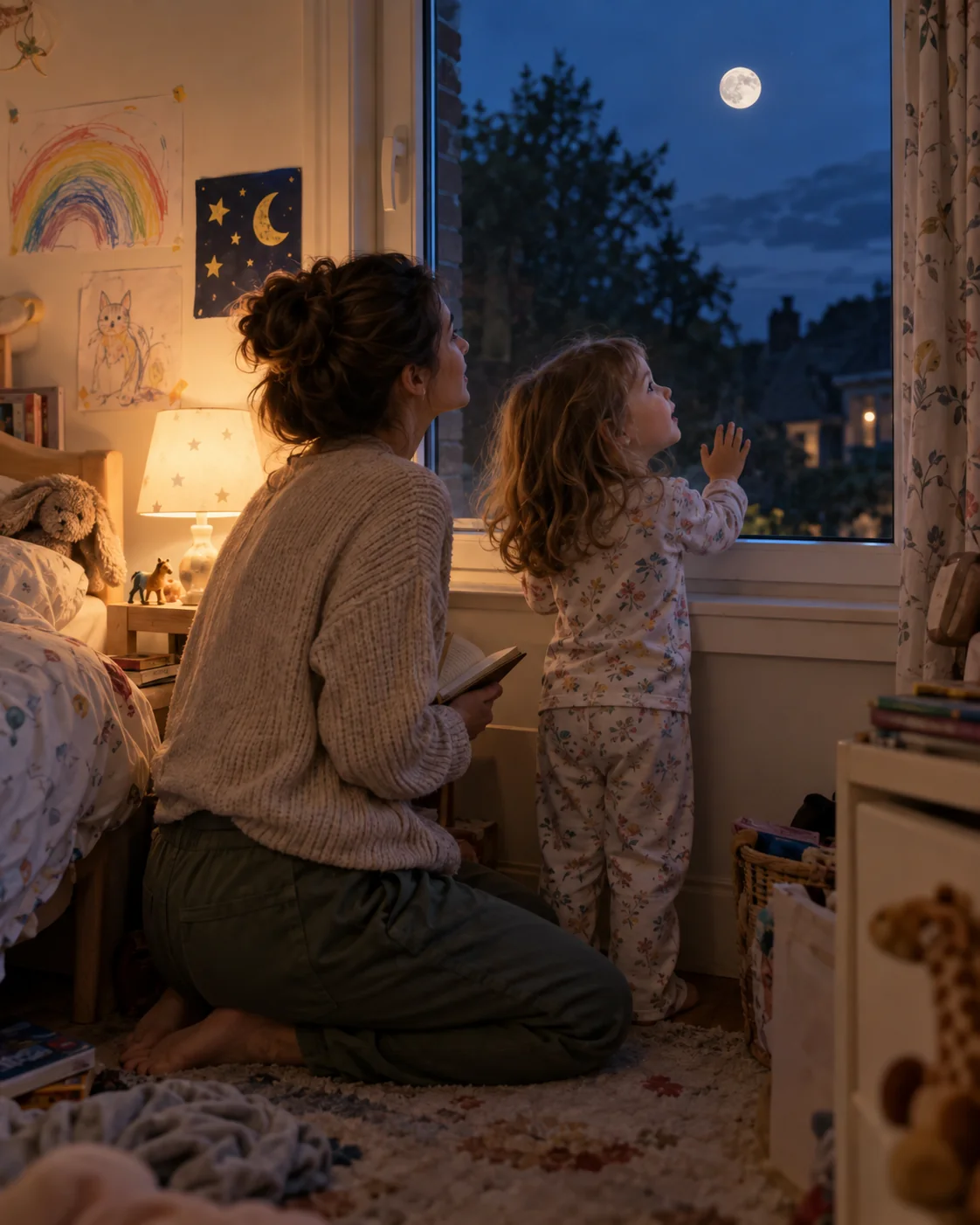 Mia and Sarah looking at the moon through a bedroom window