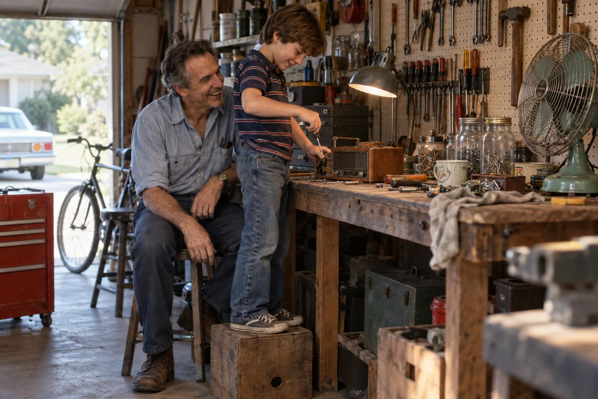 Walt laughing beside young Dan at a garage workbench