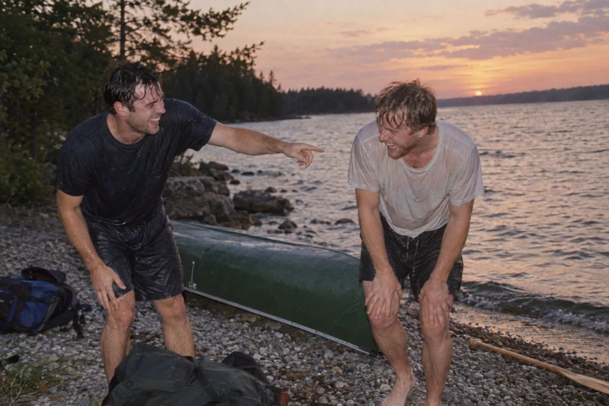 Dan and Sam laughing beside their overturned canoe