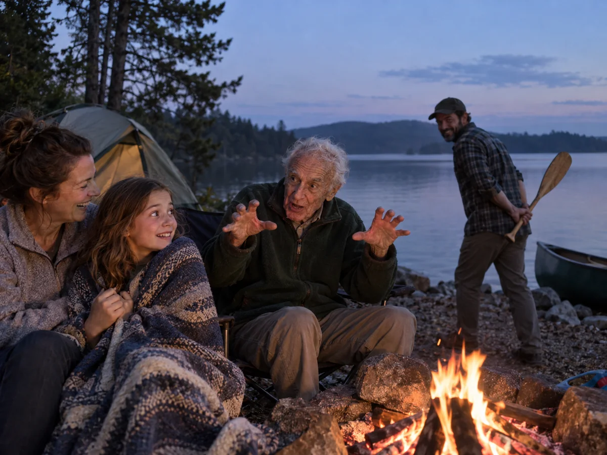 A family around a campfire by a lake
